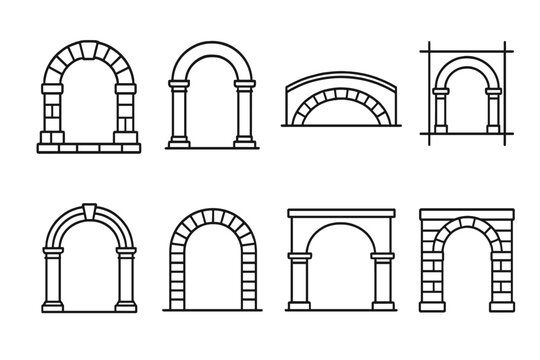Architectural Arch Icons. Architectural Structural Arches linear icon set: stone archway, keystone, pillar base, curved bridge, brick pattern, arch blueprint, decorative molding