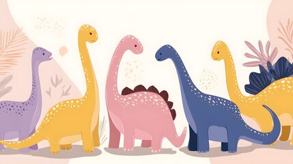Naklejka premium A vibrant collection of colorful cartoon dinosaurs in a prehistoric jungle setting.