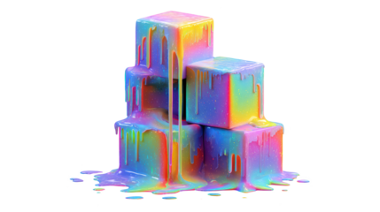 Vibrant Rainbow Melted Cubes, Colorful Dripping Abstract 3D Art on Transparent Background