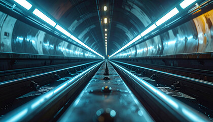 Tunnel Vision: Perspective view of an illuminated tunnel, rails leading to infinity, capturing the architecture and atmosphere.