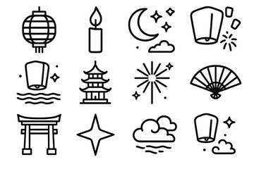 Lantern Festival Imagery. Lantern Festival linear icon set. paper lantern, candle flame, night sky, moon, floating lanterns, river reflection, pagoda, fireworks, fan, festival gate