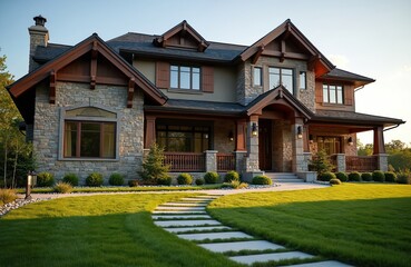 Fototapeta premium Luxury stone house with wood accents and porch, surrounded by green lawn and garden. Stone pathway leads to ornate entrance. Exterior architecture displays elegant residential design.