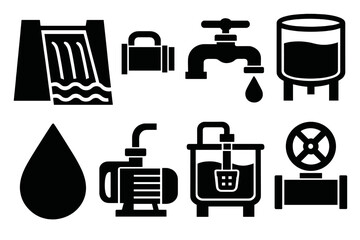 Bold Water Icons. Water Infrastructure silhouette icon set: dam, pipeline, faucet, reservoir, water drop, pump, treatment tank, control valve
