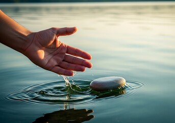 Serene hand reaching towards a stone resting on tranquil water creating ripples of peace and connection