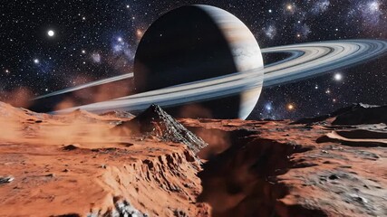A ringed gas giant rises above a red, rocky alien landscape against a backdrop of stars and nebulae - Powered by Adobe