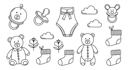 Baby Shower Elements - Hand-Drawn Collection of Toys and Clothing.