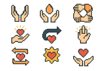 Pixel Art Generosity Icons. Compassionate Generosity Elements pixel style icon set: care hands icon, offering drop, supportive circle, gratitude ray, kind action tile, giving route