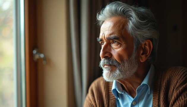 Elderly man contemplates by window. Thoughtful senior with grey hair ponders future. He looks out at daylight while reflecting on life experience wisdom. Mature male is pensive indoors.