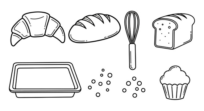 Bakery items illustration featuring croissant bread whisk muffin and baking pan.
