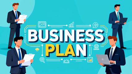 This illustration depicts various business professionals and elements surrounding “Business Plan”，highlighting the key components of strategic planning and corporate collaboration.
