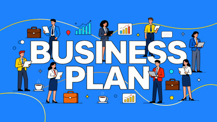 This illustration depicts various business professionals and elements surrounding “Business Plan”，highlighting the key components of strategic planning and corporate collaboration.