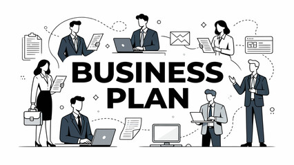 This illustration depicts various business professionals and elements surrounding “Business Plan”，highlighting the key components of strategic planning and corporate collaboration.