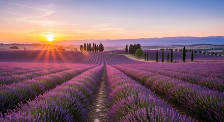 "Endless Lavender Fields at Sunset with Rows Leading to Horizon Trees"