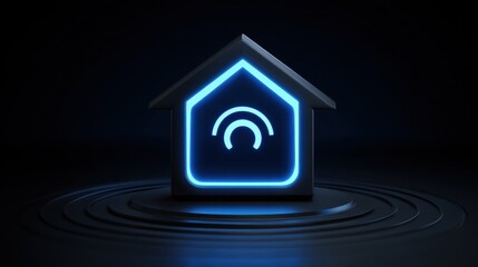 Neon house icon with glowing signal waves on black background for modern real estate and technology themes in digital artwork and web design