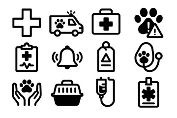 Veterinary Emergency Icons. Emergency Veterinary Support Icons linear icon set: rapid response cross, pet ambulance icon, first-aid kit, urgent paw symbol, emergency chart, alert
