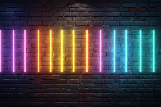 Colorful, vertical neon lights illuminate a dark, textured brick wall, creating a vibrant display - Powered by Adobe