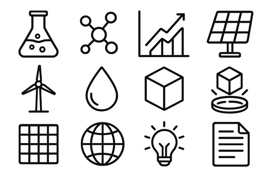 Renewable Energy Icons. Scientific Renewable Energy linear icon set. lab flask, molecular model, graph chart, solar panel, wind turbine, water droplet, 3D cube, hologram, data grid