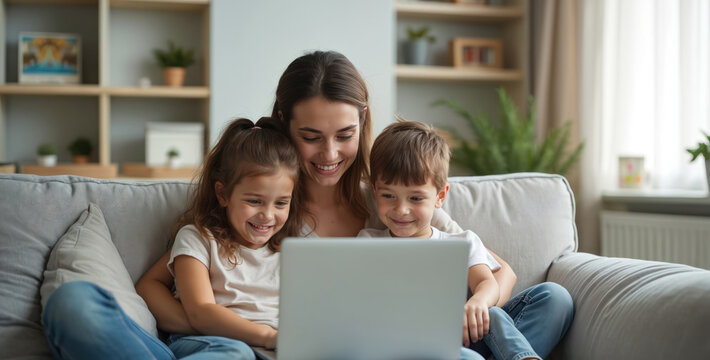 Mother and two young children smile while watching laptop screen together on a comfortable couch. They seem happy and engaged with content. Family bonding time at home. - Powered by Adobe