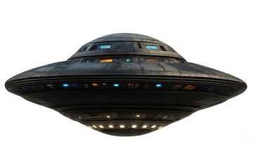 Unidentified flying object (ufo) with glowing lights hovering, representing alien technology and science fiction on transparent background
