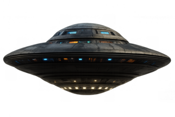 Unidentified flying object (ufo) with glowing lights hovering, representing alien technology and science fiction on transparent background