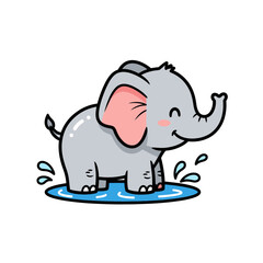 Fototapeta premium Cute cartoon elephant playing in a puddle of water.