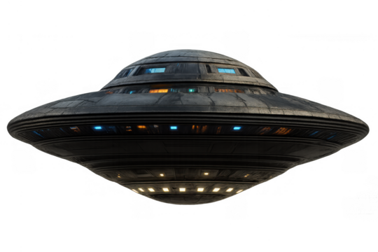 Unidentified flying object (ufo) with glowing lights hovering, representing alien technology and science fiction on transparent background