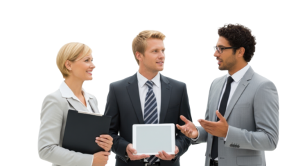 Dynamic team collaborating on innovative ideas with tablet and clipboard, fostering growth in modern enterprise