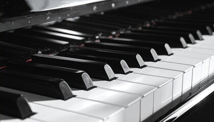 Naklejka premium Elegant black and white close up of a classical piano keyboard.