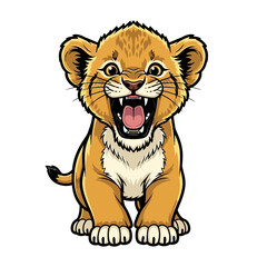 Cute lion cub roaring with open mouth and sharp teeth.