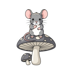 Cute mouse sitting on a mushroom in the forest.