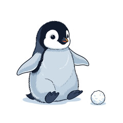 Cute penguin sitting next to a small snowball on white background.