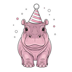 Cute pink hippo wearing a party hat celebrating birthday.