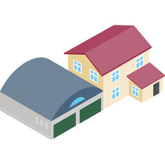 Isometric House and Garage With Red Roof and Blue Windows on Transparent Background