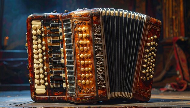 Vintage brown button accordion resting on a rustic wooden surface.