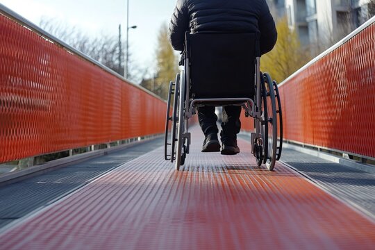Person in wheelchair moving forward on a modern accessible ramp, showing independence and urban mobility