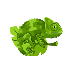 Green chameleon perched on a branch with camouflage.