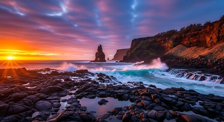 Vibrant Sunset Over Rocky Coastal Cliffs with Dramatic Sky Reflections"