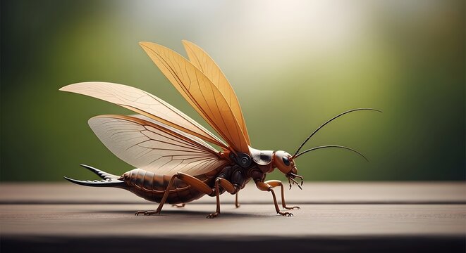Mechanical insect robot on wooden surface
