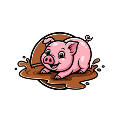 Happy Pig Playing in Muddy Water, Cartoon Illustration.