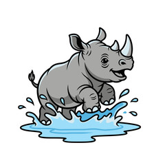 Happy rhino splashing in water, cartoon illustration.