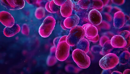 Render of numerous microscopic, rod-shaped, pinkish organisms in a vibrant blue environment