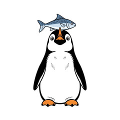 Penguin with fish on head looking at viewer.