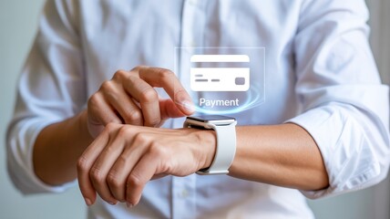 Person using smartwatch to make a payment with digital credit card interface on the screen displayed