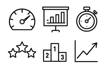 Performance Icon Set. Results performance linear icon set. speedometer, chart board, stopwatch, stars, ranking podium, upward line.