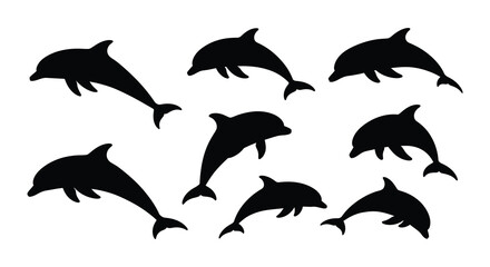Silhouette depictions of several playful dolphins leaping and swimming in water