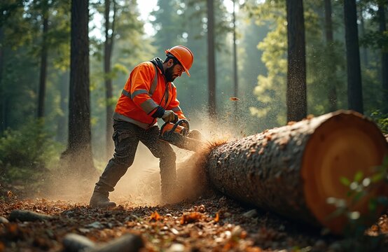 Man in safety gear, orange jacket, hard hat cuts wood log with powerful chainsaw in green forest. Sawdust flies from fast saw blade. Logger works hard outdoors, performs dangerous tree felling job in