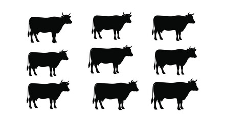 A collection of black silhouettes depicting several cows in varying poses