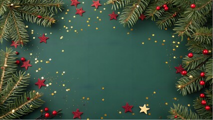 Christmas border with pine branches, red and gold confetti stars on a dark green background.