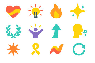 Emotional Victory Icons. Emotional Victory flat icon set: healed heart, breakthrough light, inner-strength flame, clarity star, resilience wreath, confidence glow, uplifting arrow