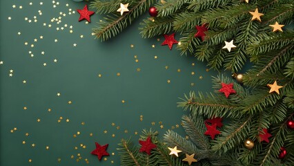 Christmas border with pine branches, red and gold confetti stars on a dark green background.